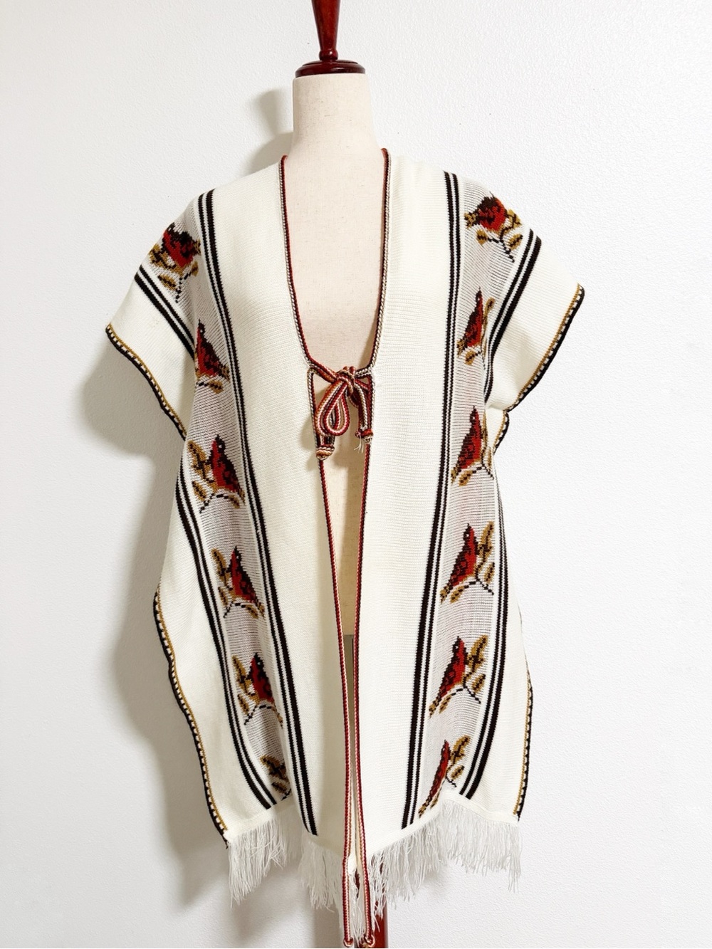 Vintage 70s Fringe Trim Knit Sweater Serape Poncho Ivory One Size